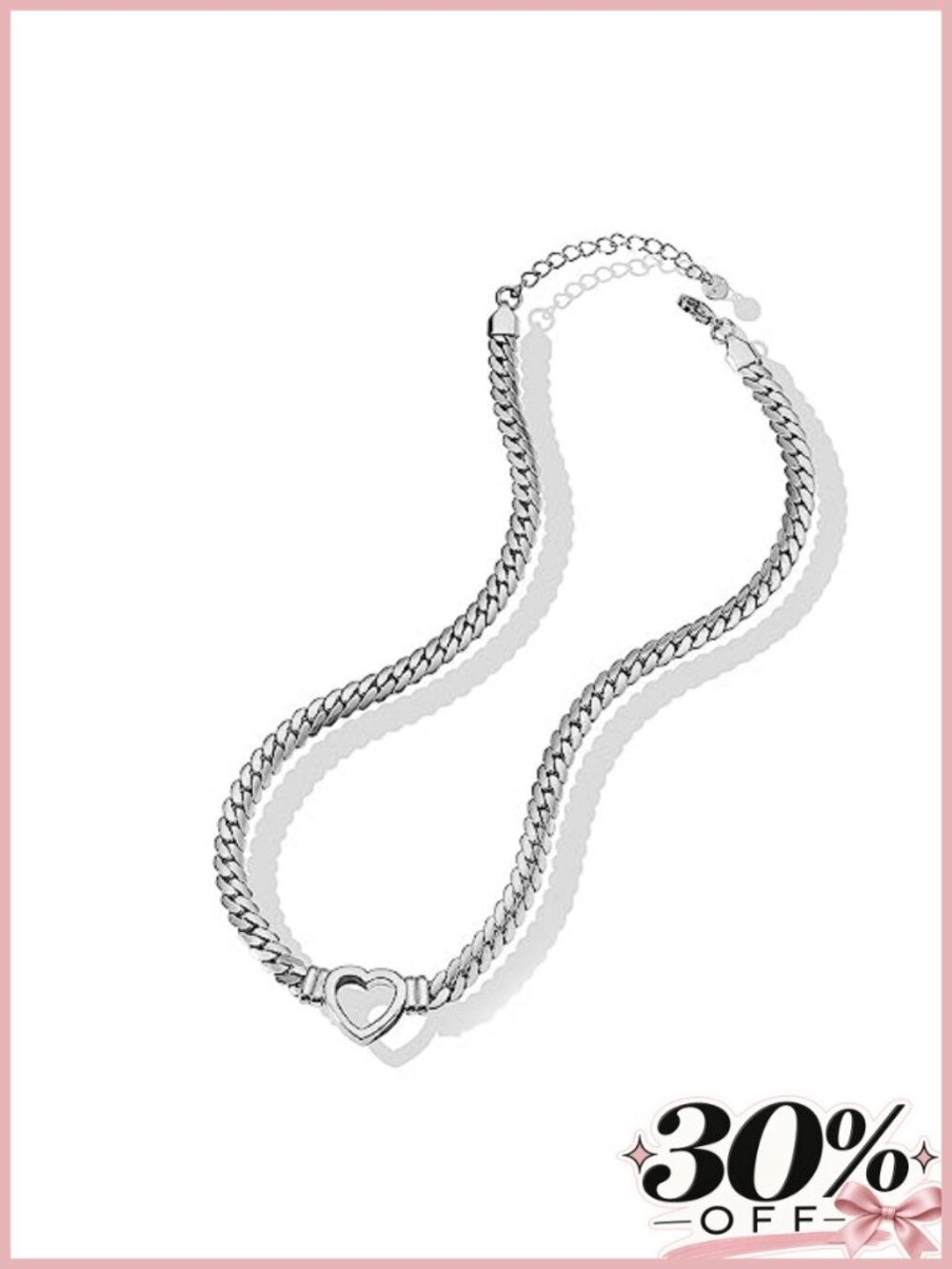 Flat Cuban Link Choker Necklace Gold Stainless Steel Heart Charm Clavicle
